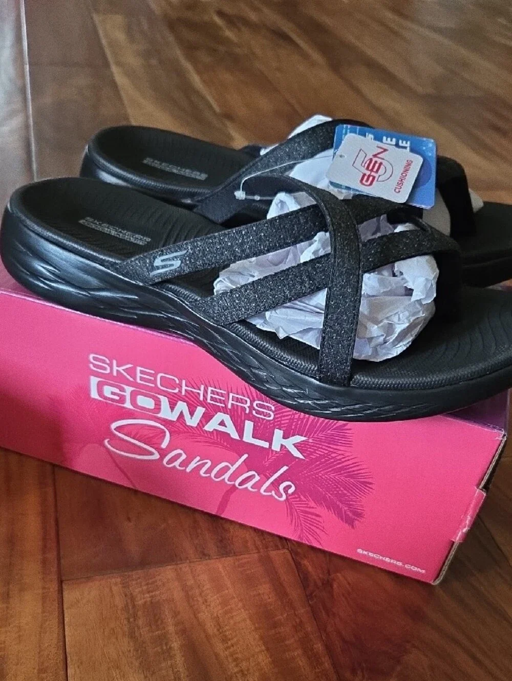 Skechers Black Glitter Cross-Strap Slide Sandals